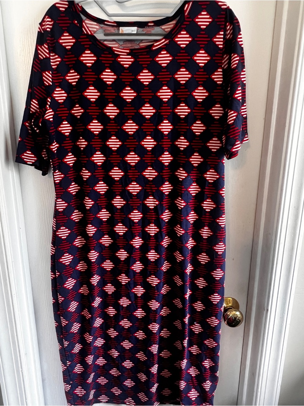LuLaRoe Navy Blue Midi Julia Dress with Red Diamond Print